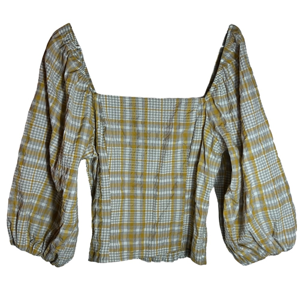 Anthropologie Maeve Plaid Square-Neck Puff Sleeve Top, Medium